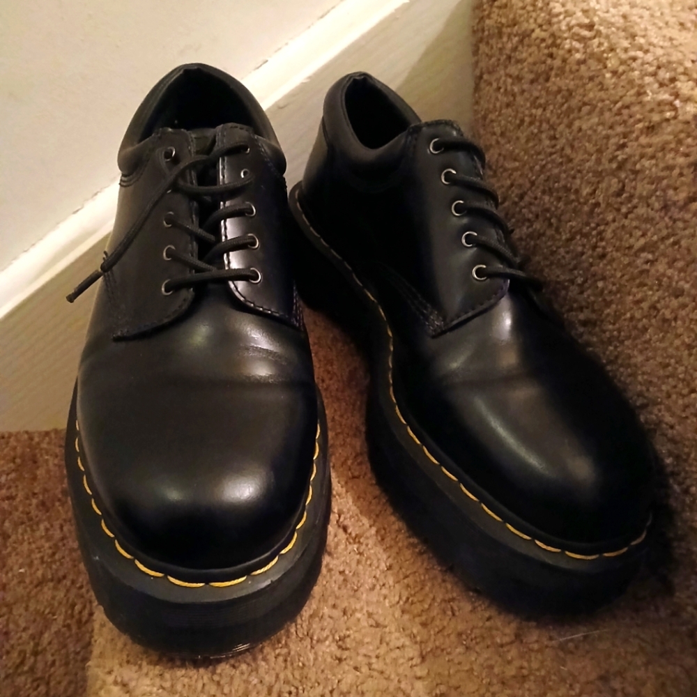 Dr. Martens Black Leather Platform Derby Shoes with Yellow Stitching - Picture 2 of 10